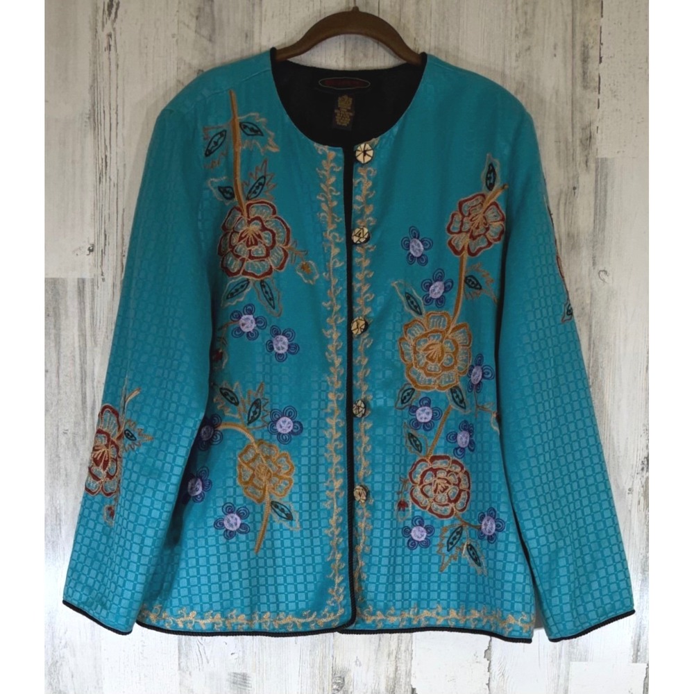 Entice Embroidered Jacket‎ 1X Turquoise Blue Floral Art to Wear Cotton Rayon
